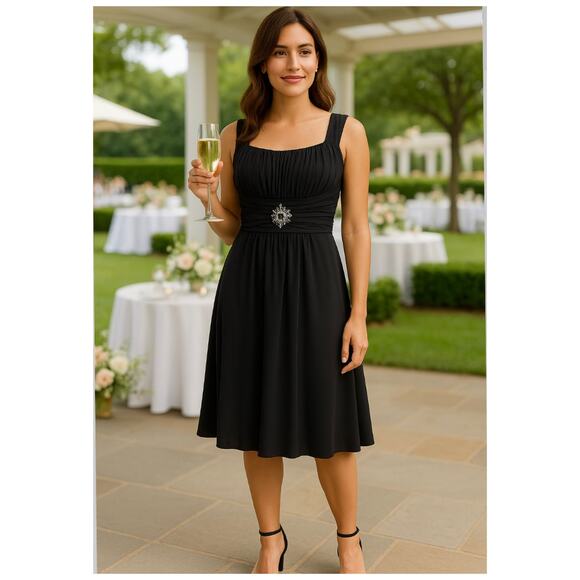 JESSICA HOWARD EVENING Brooch Fit & Flare Midi Dress Black Empire Waist Ruched 6 - Picture 2 of 13
